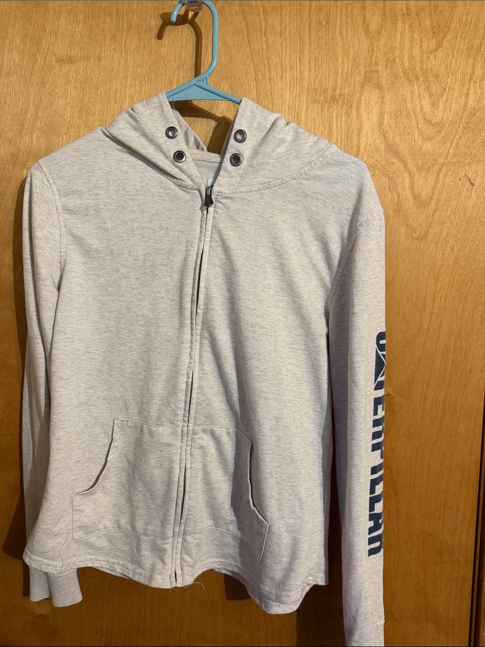 Caterpillar Light Gray Full-Zip Hoodie with Navy Sleeve Print